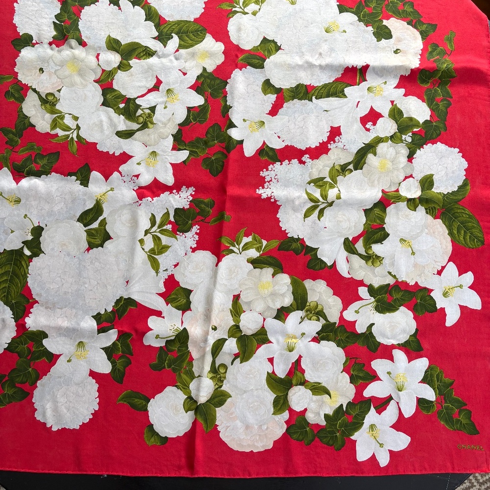 Chanel Red Silk Floral Scarf
